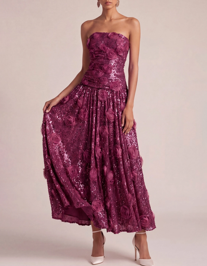Sequined Rose Strapless A-line Maxi Dress