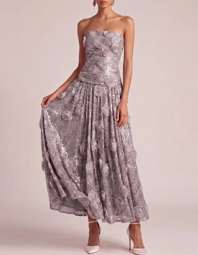 Sequined Rose Strapless A-line Maxi Dress