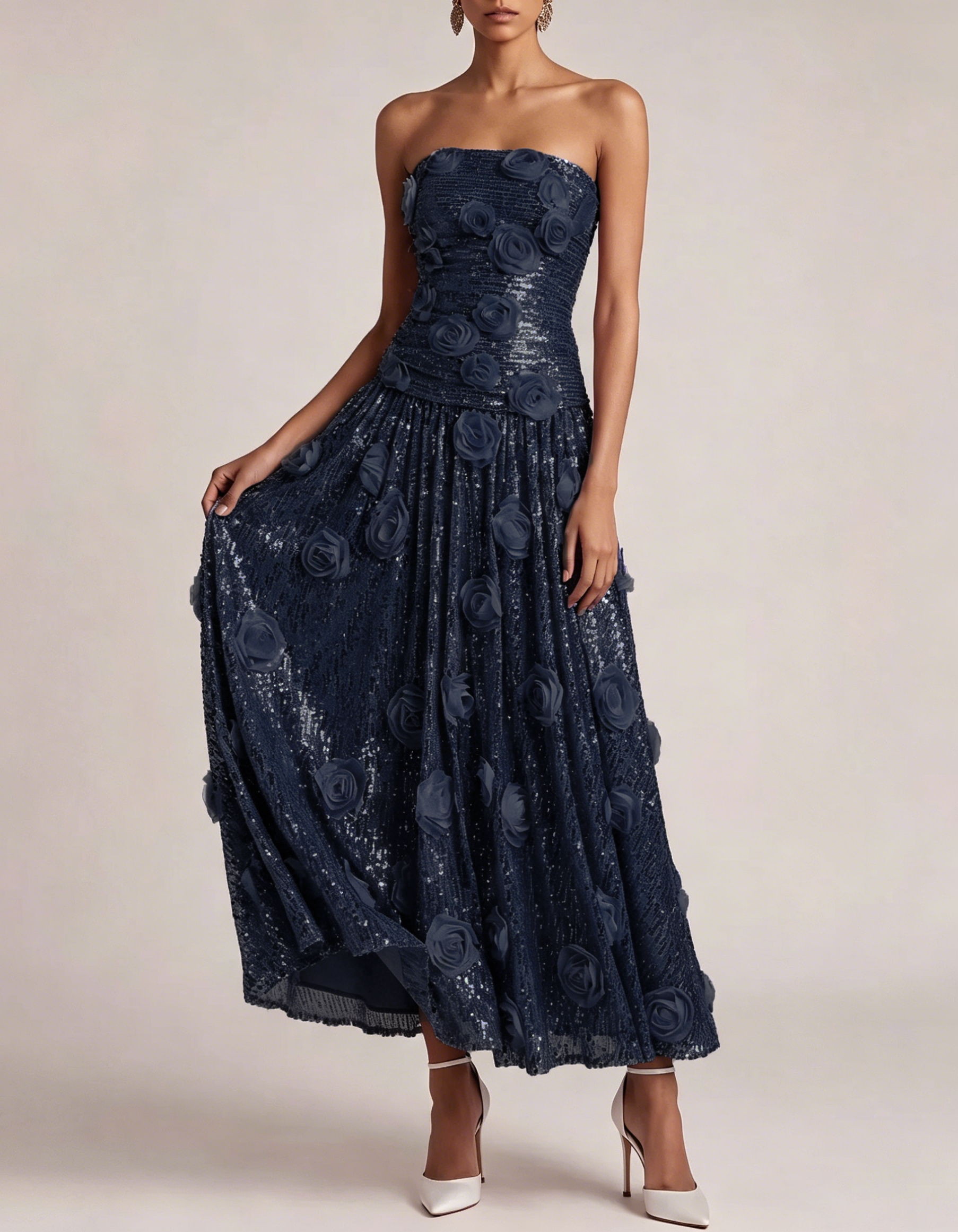 Sequined Rose Strapless A-line Maxi Dress