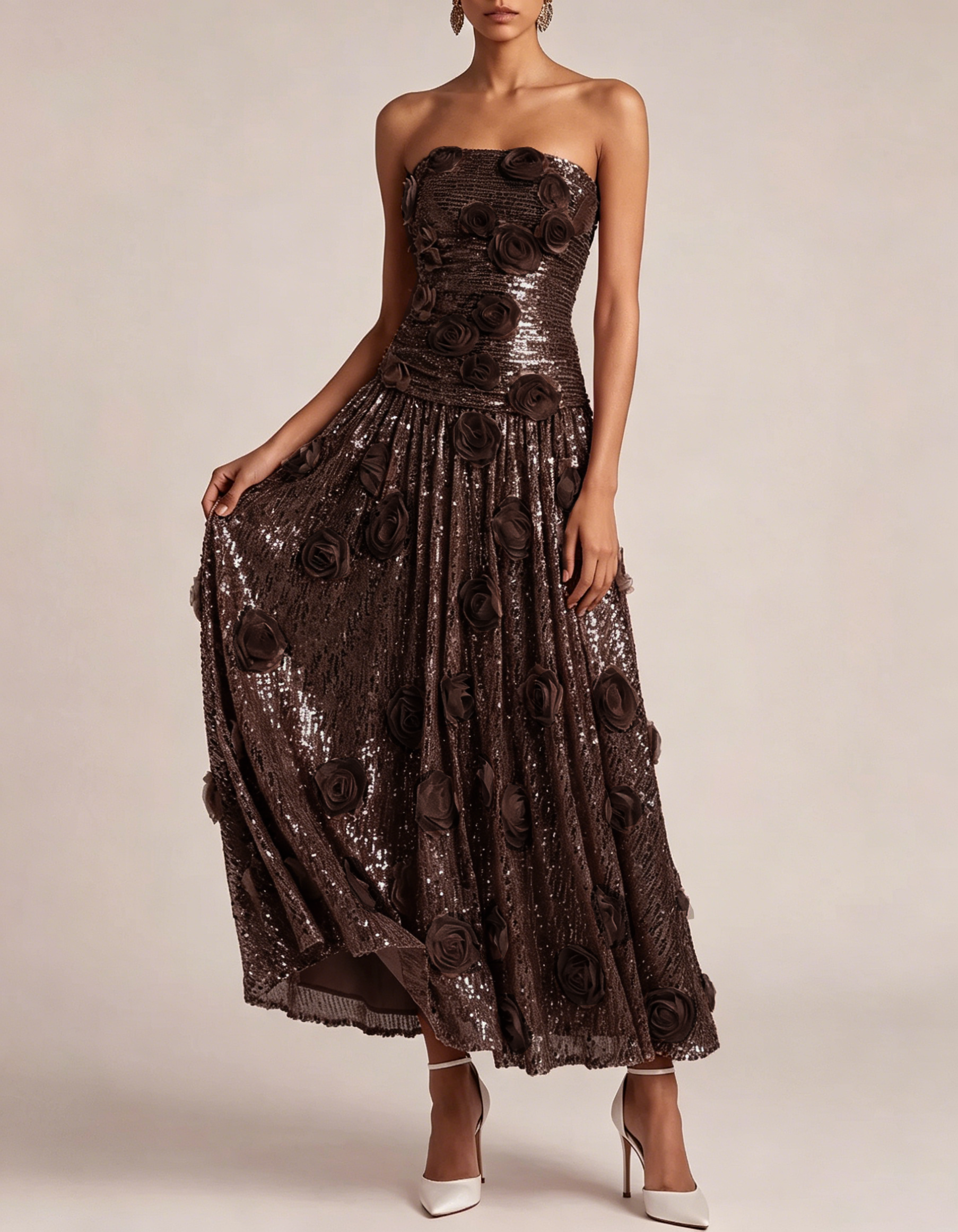 Sequined Rose Strapless A-line Maxi Dress