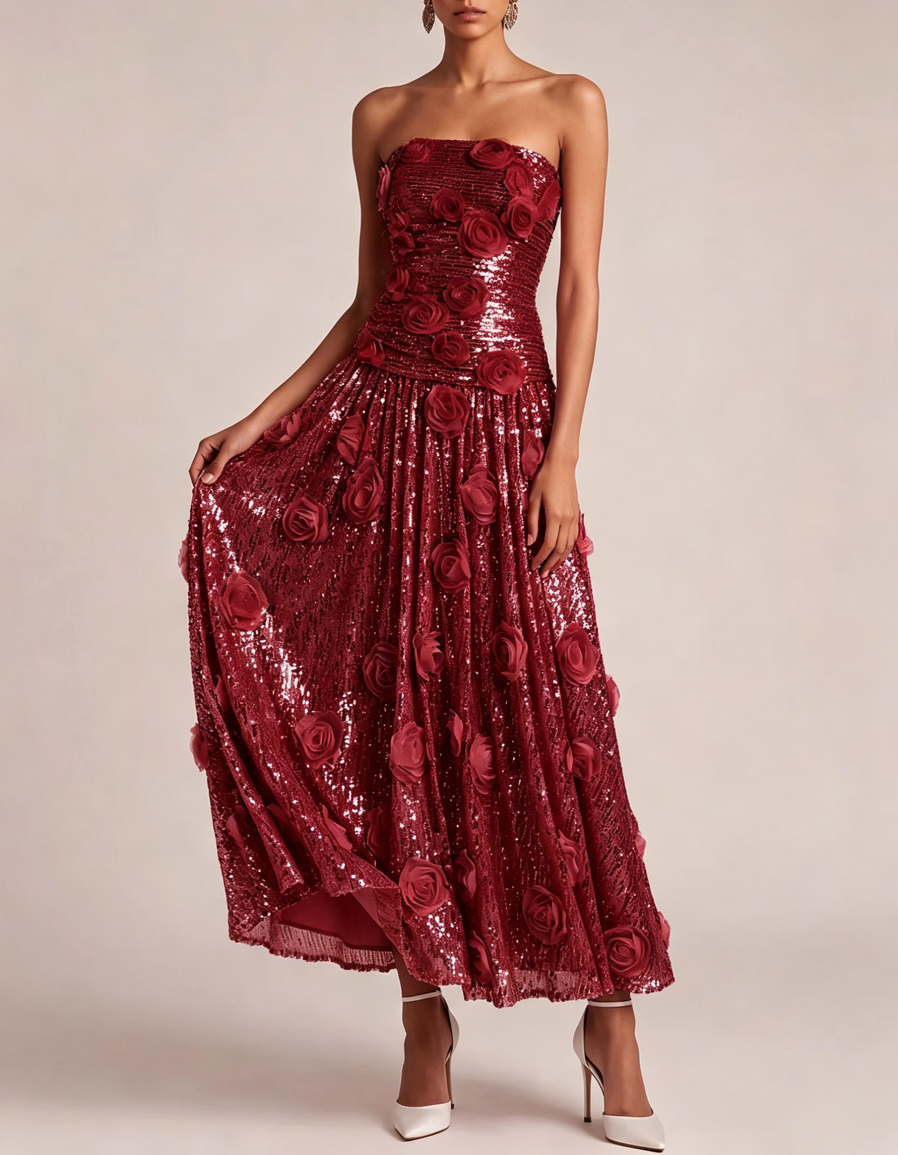 Sequined Rose Strapless A-line Maxi Dress