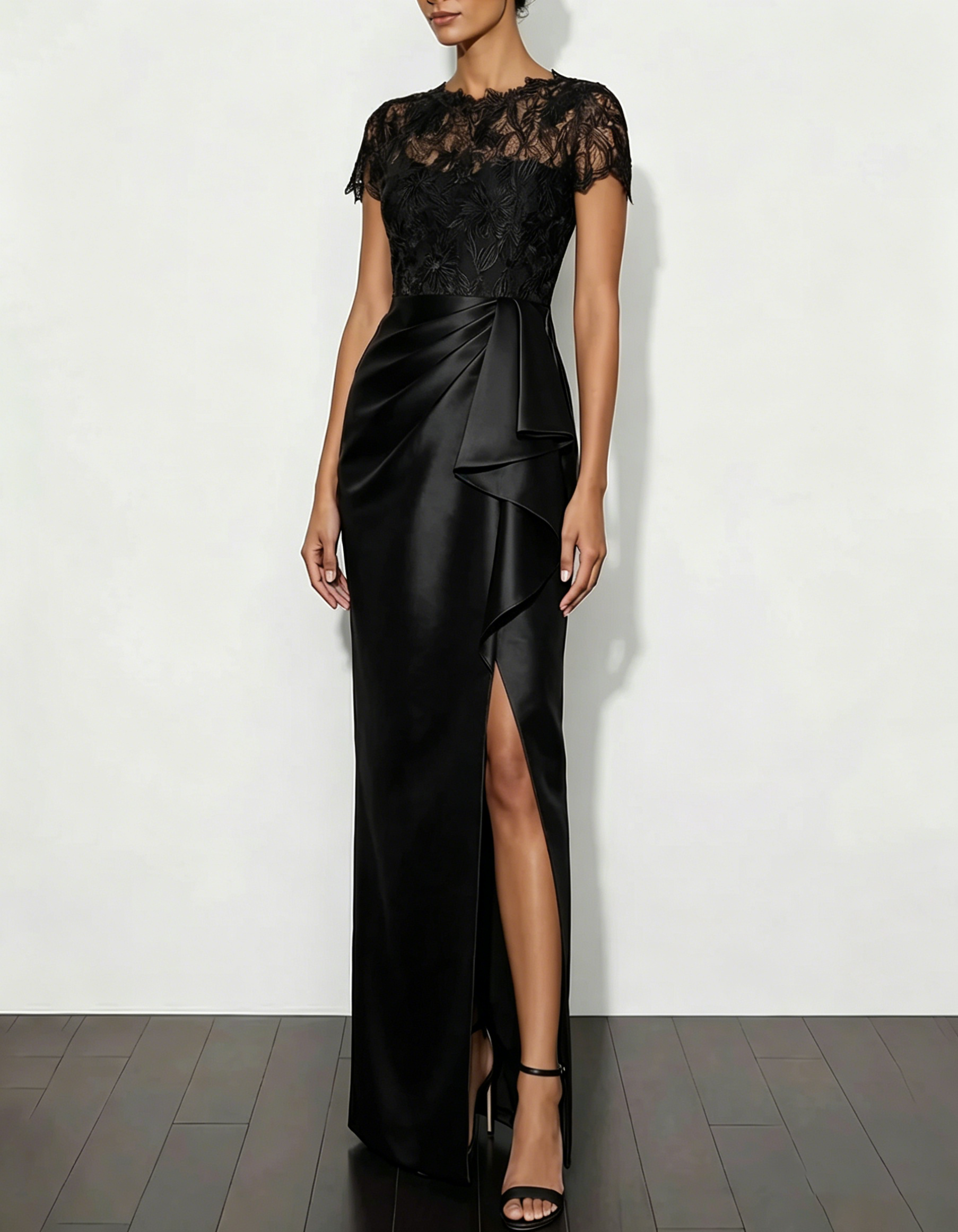 Lace Satin Round Neck Fishtail Slit Maxi Dress