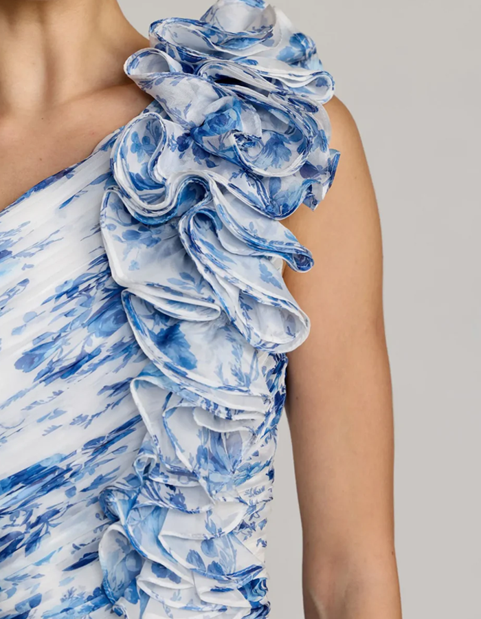 Maxikleid aus Chiffon mit Blumenmuster und Rüschen, einseitig schulterfrei