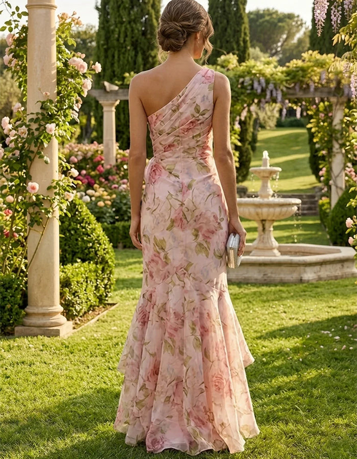 Vestido maxi de gasa con estampado floral, flores 3D y volantes