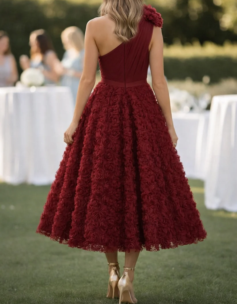 Dunkelrotes Mesh Midikleid mit Rosen und einer Schulter