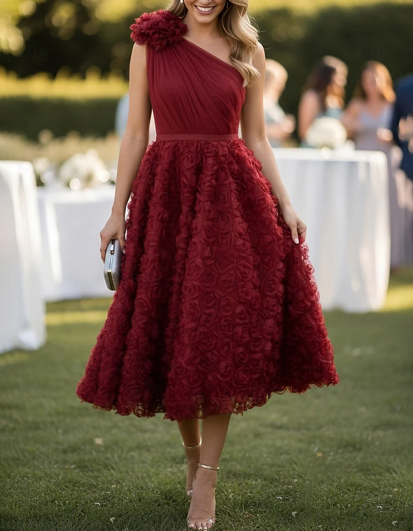 Dark Red Mesh Rose One-Shoulder Midi Dress