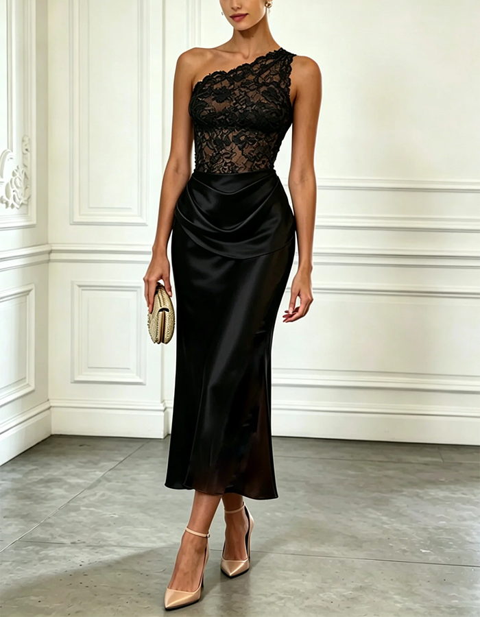 Vestido midi negro de encaje y satén con un solo hombro