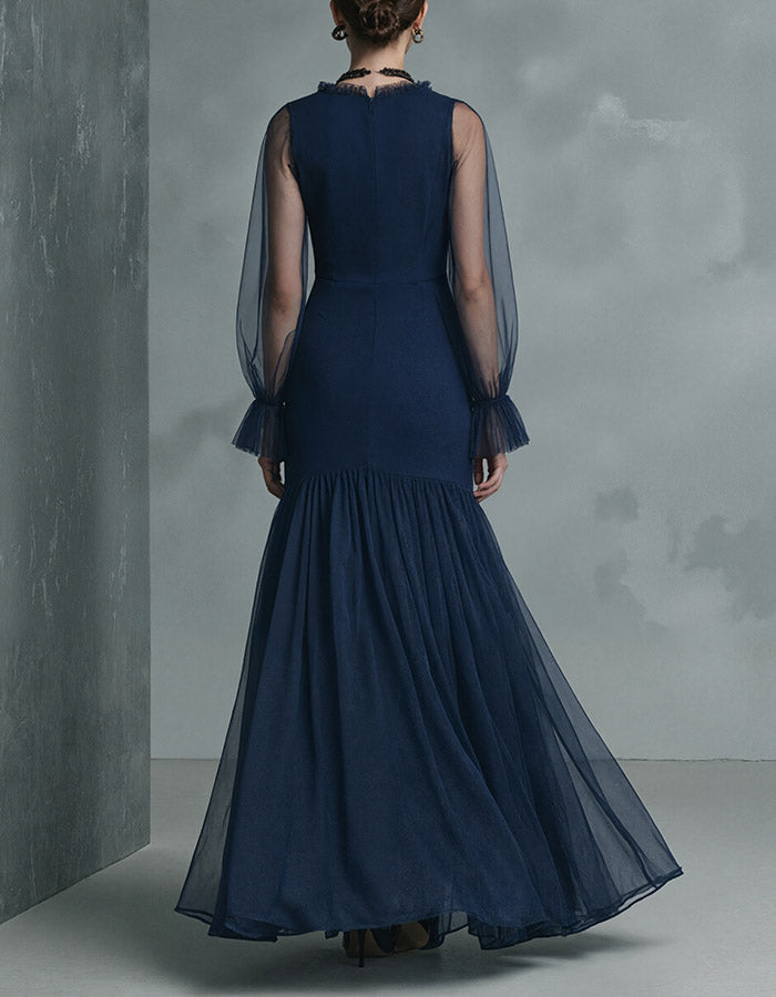 Robe longue sirène en tulle transparent bleu marine