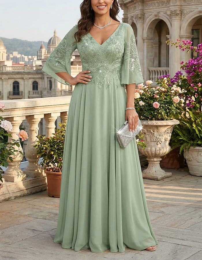 Vestido maxi de gasa verde salvia adornado con lentejuelas
