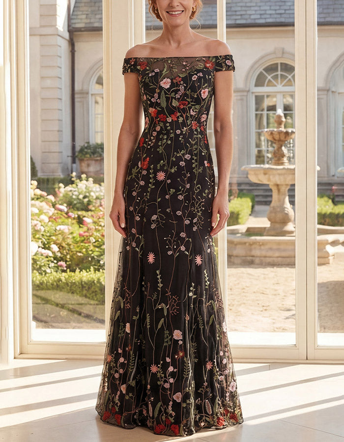 Vestido maxi negro de tul con bordado floral y escote off-the-shoulder