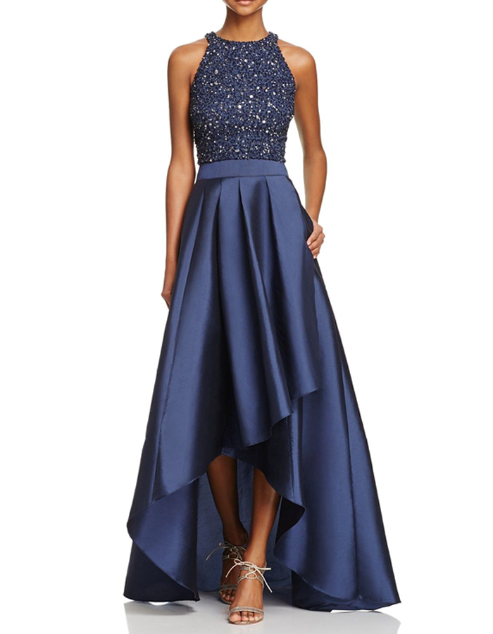 Rochie maxi albastru marin în linie A cu paiete