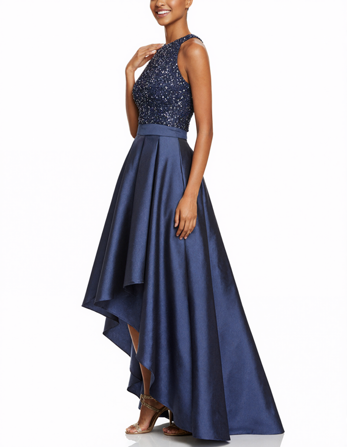 Rochie maxi albastru marin în linie A cu paiete