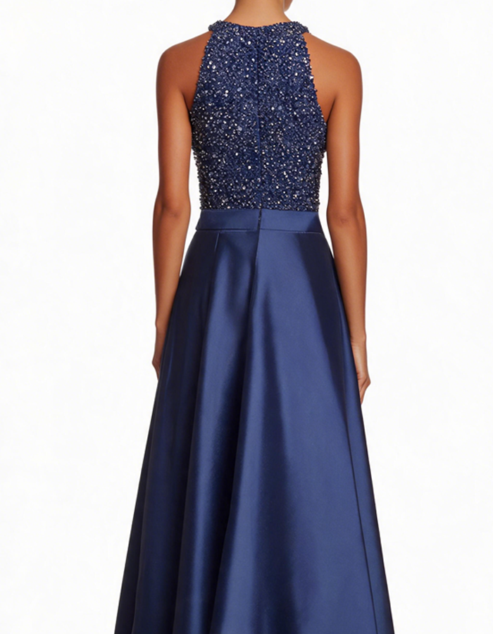 Rochie maxi albastru marin în linie A cu paiete