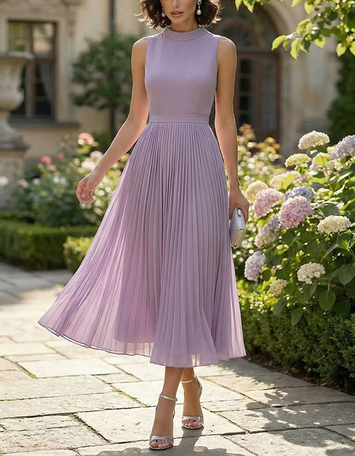 Vestido Midi de Chiffon Roxo Taro com Gola Alta, Cintura Ajustada e Pregas