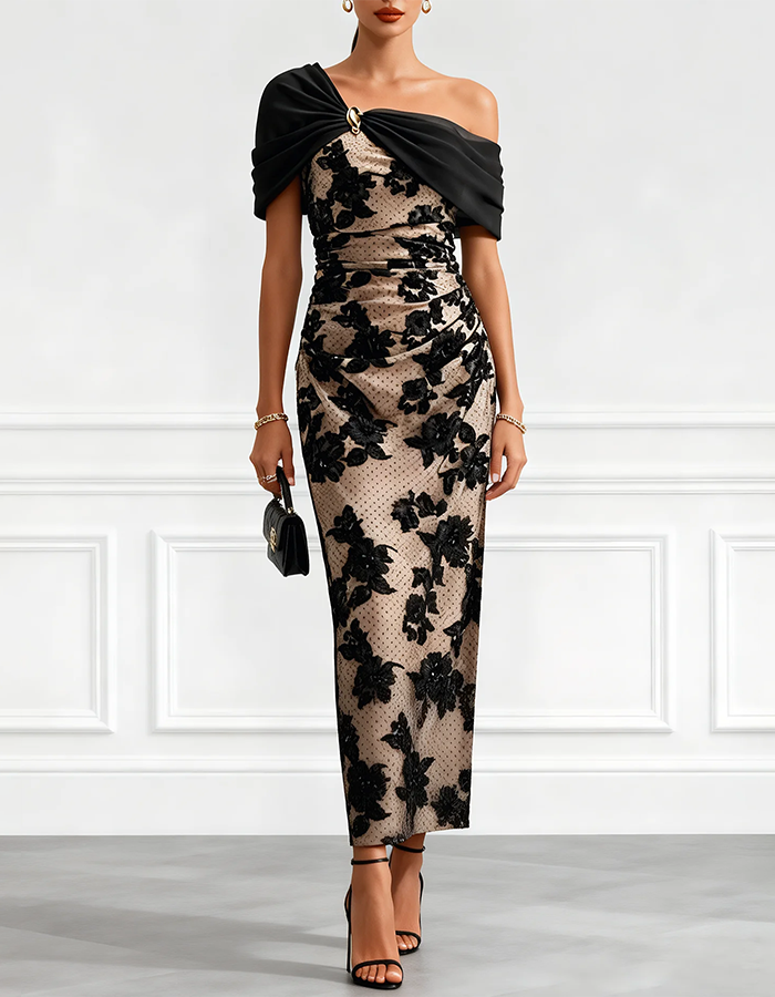 Vestido midi de encaje floral negro y nude con un solo hombro