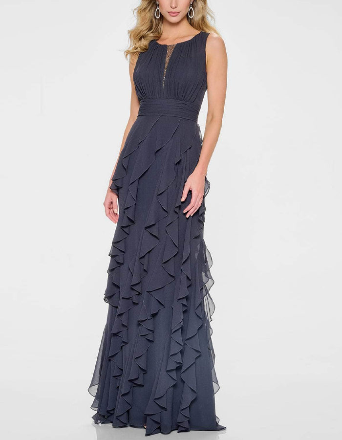 Vestido maxi liso sin mangas de gasa con volantes  