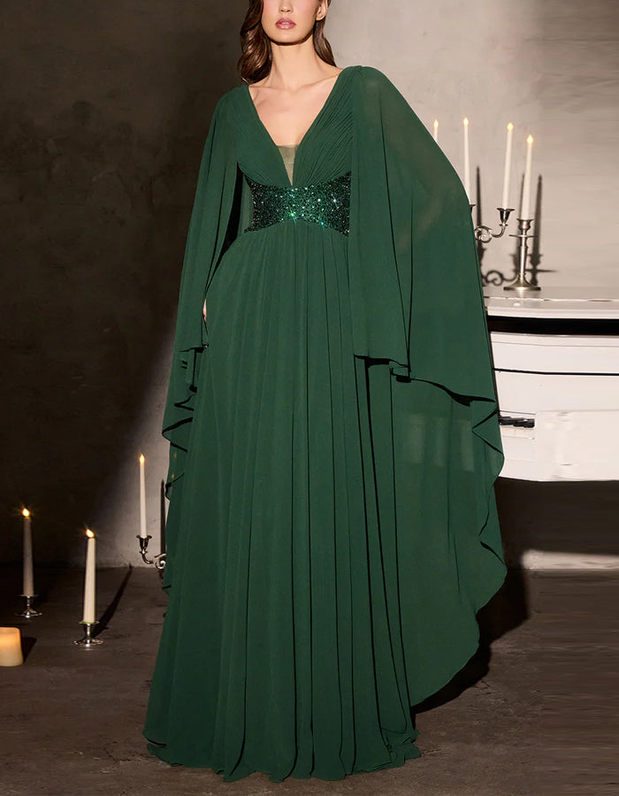 Robe longue unie en mousseline à manches châle avec taille à sequins