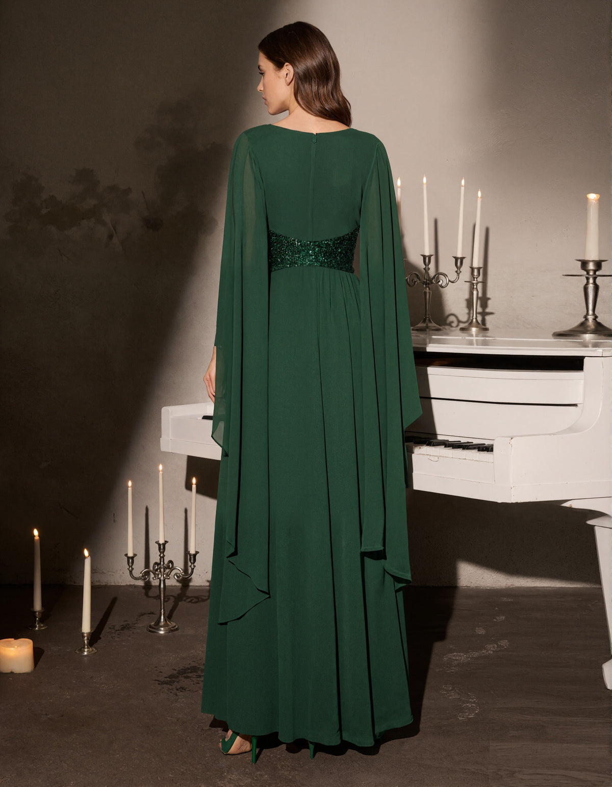 Solid Color Shawl Sleeve Sequined Waist Chiffon Maxi Dress