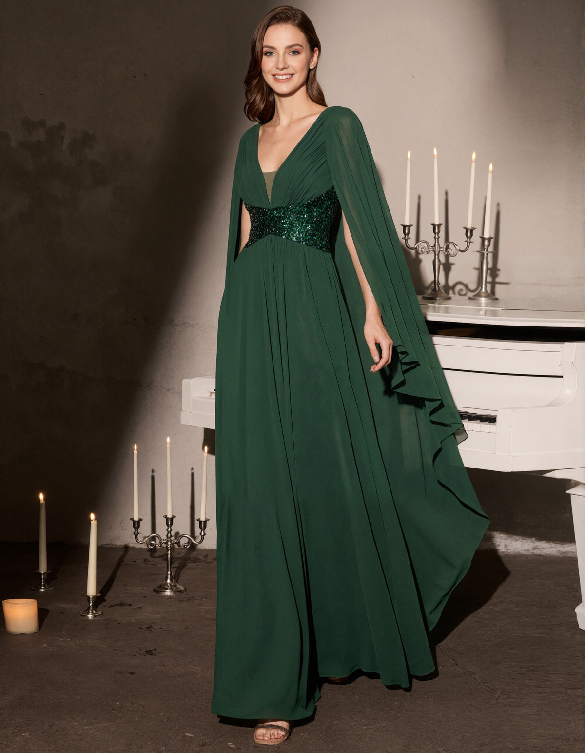 Solid Color Shawl Sleeve Sequined Waist Chiffon Maxi Dress