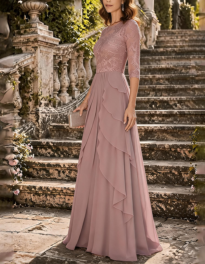 Abito lungo in pizzo e chiffon color rosa polvere
