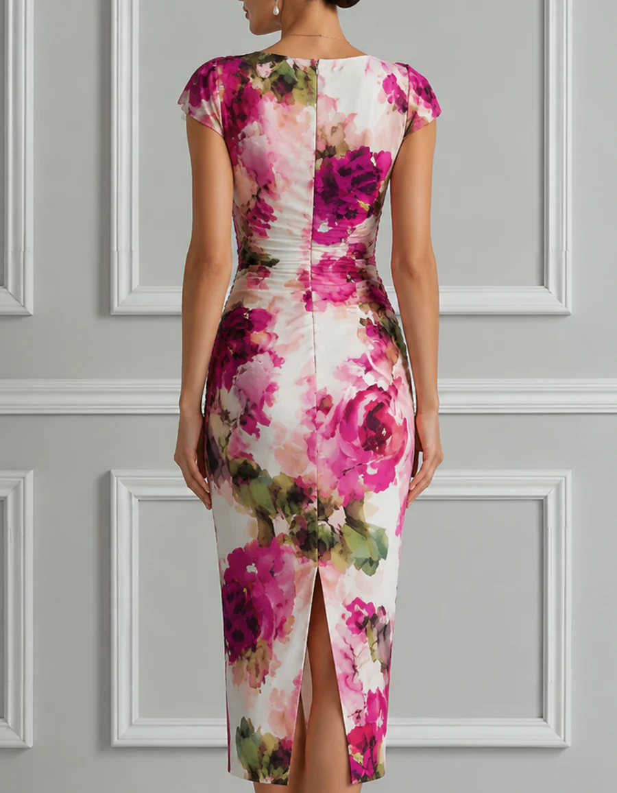 Rose Satin Pink Floral Print Draped Neck Fishtail Midi Dress