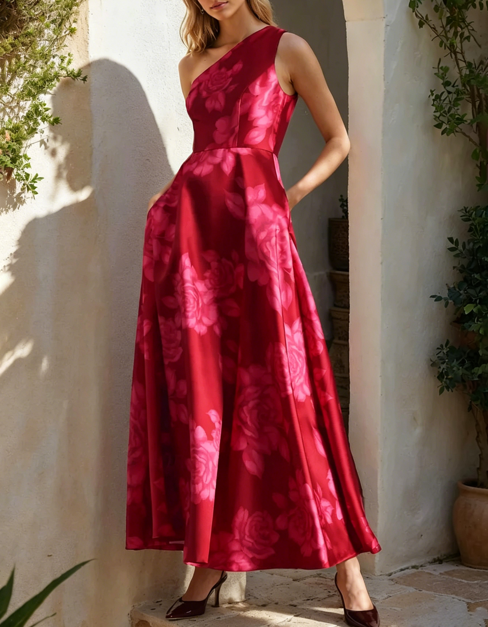 Red Satin Printed One-Shoulder Pocket Maxi Dress