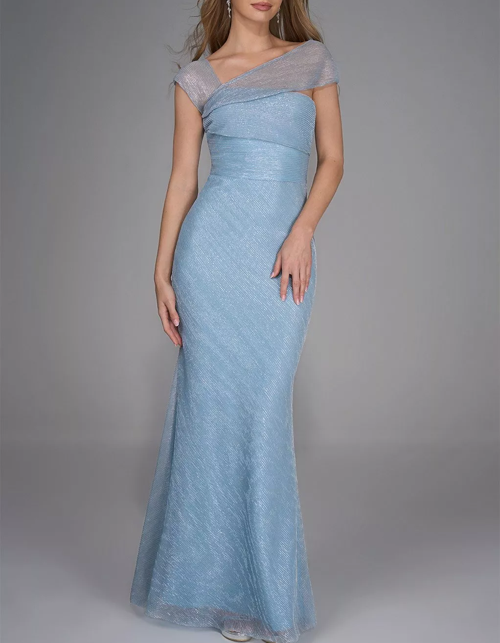 Light Blue Chiffon Pleated Fishtail Maxi Dress