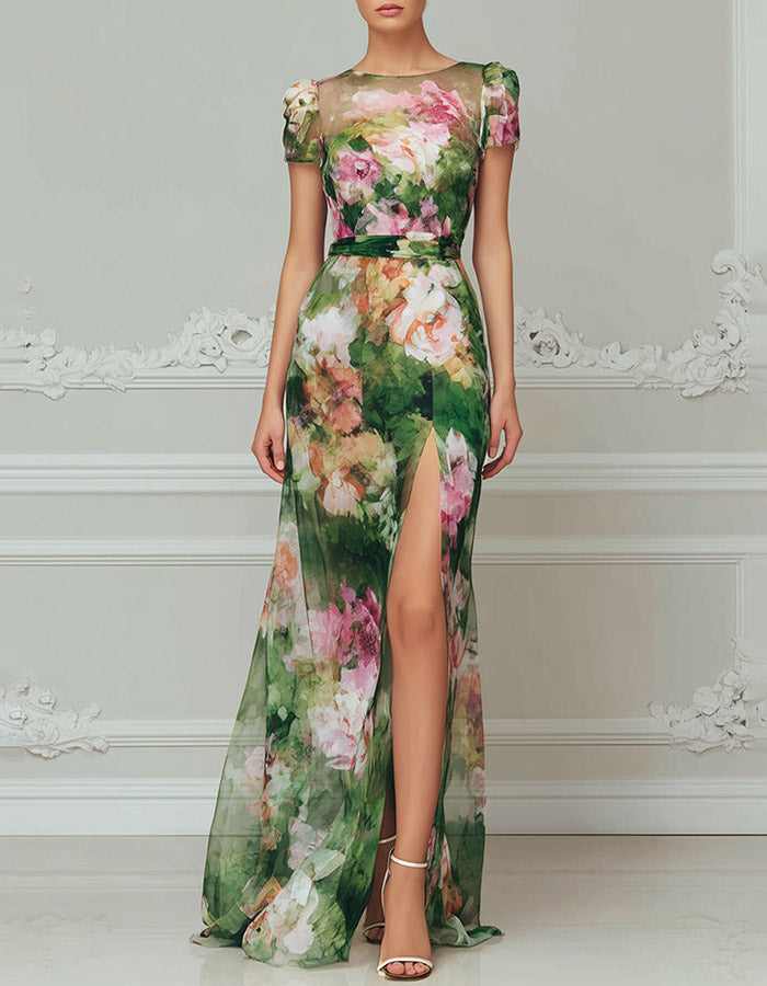 Vestido largo de manga corta con estampado floral en acuarela verde