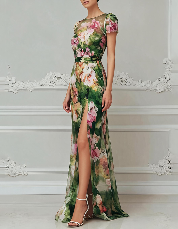 Maxikleid mit grüner Aquarell-Blumenmuster und kurzen Ärmeln