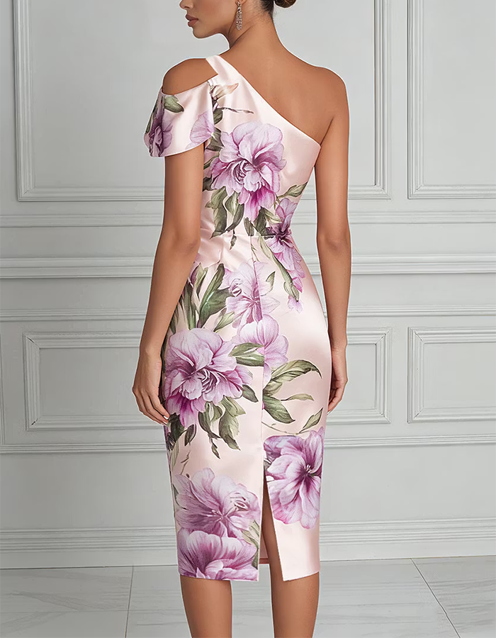 Rosa Aquarell Blumen Ein-Schulter Midi-Kleid
