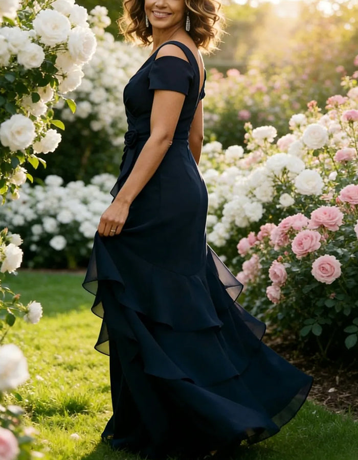 Marineblaues Maxikleid aus Chiffon mit Stufen und Volants, Cold-Shoulder-Design