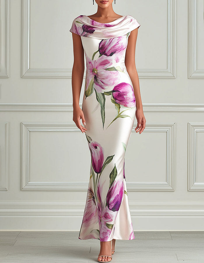 Vestido largo sirena de satén con cuello vuelto y estampado floral en acuarela crema