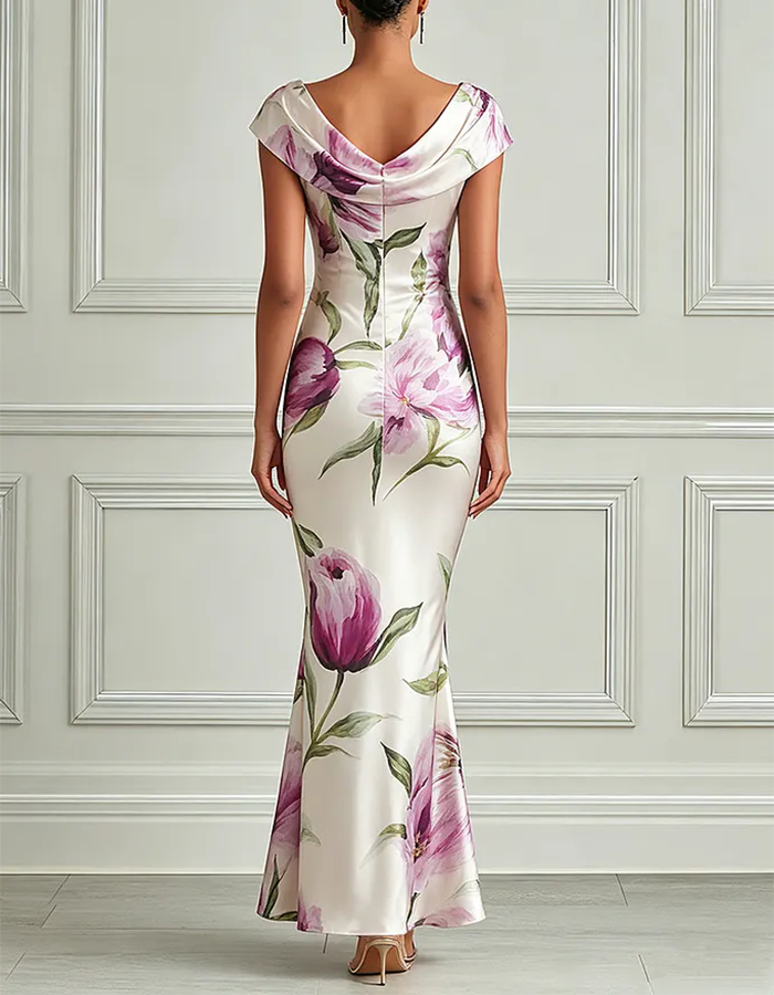 Robe longue sirène en satin crème avec col bénitier et motif floral aquarelle