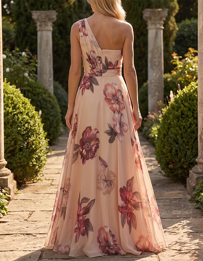 Robe longue en mousseline à une épaule avec motif floral aquarelle rose