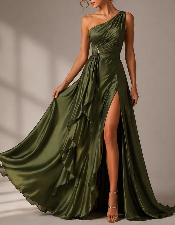 Olive Green Satin One-Shoulder Ring Slit Maxi Dress