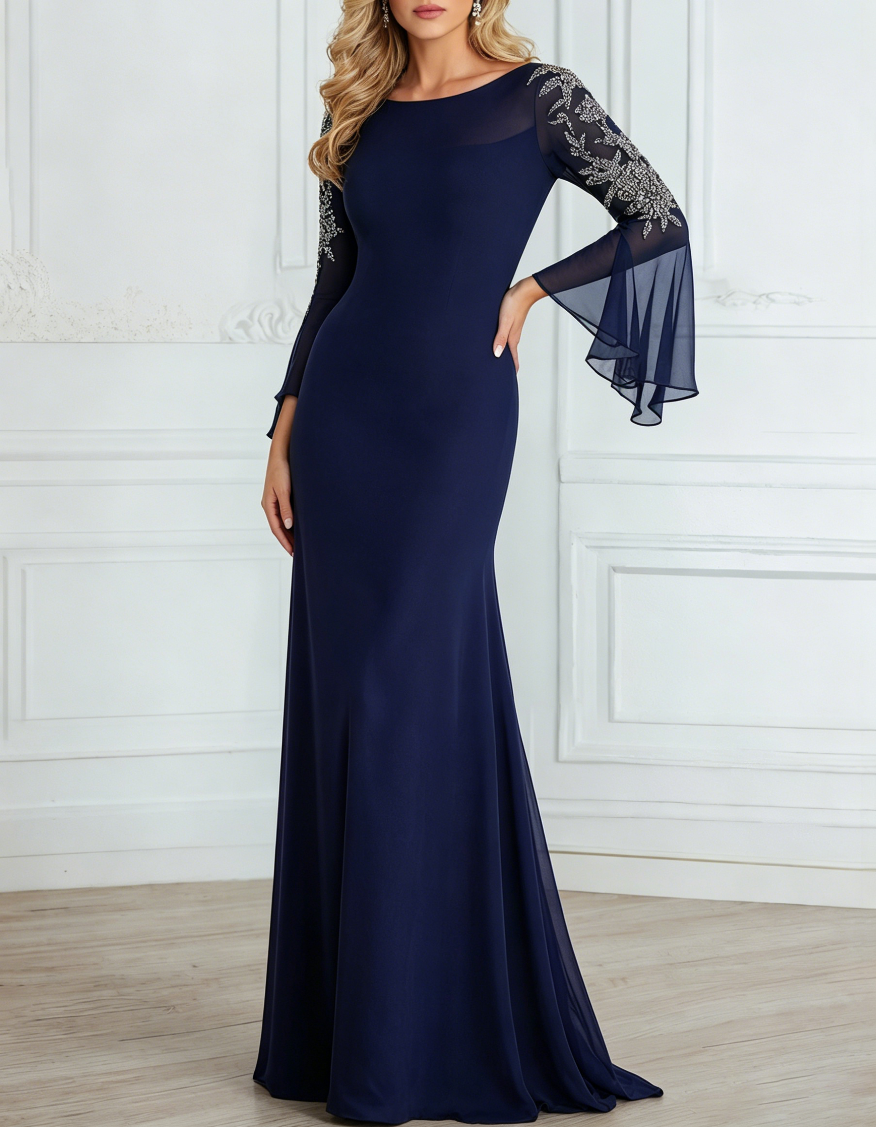 Chiffon Sequined Lace Embroidered Round Neck Fishtail Maxi Dress