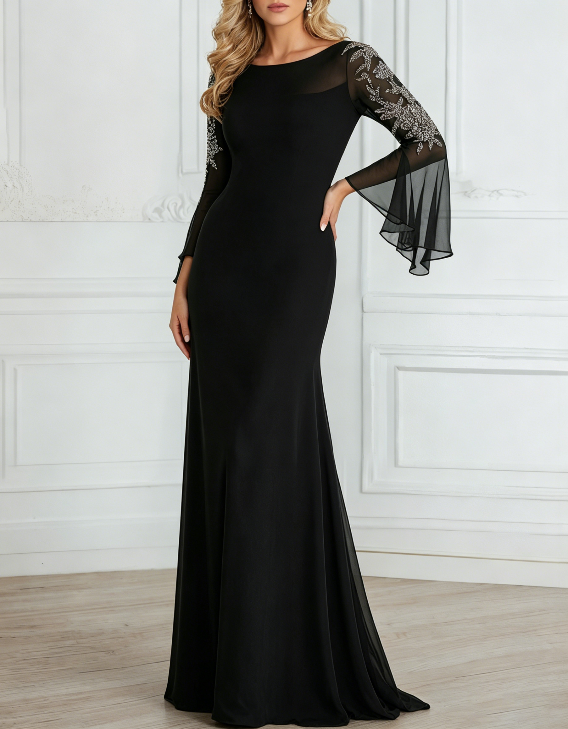 Chiffon Sequined Lace Embroidered Round Neck Fishtail Maxi Dress