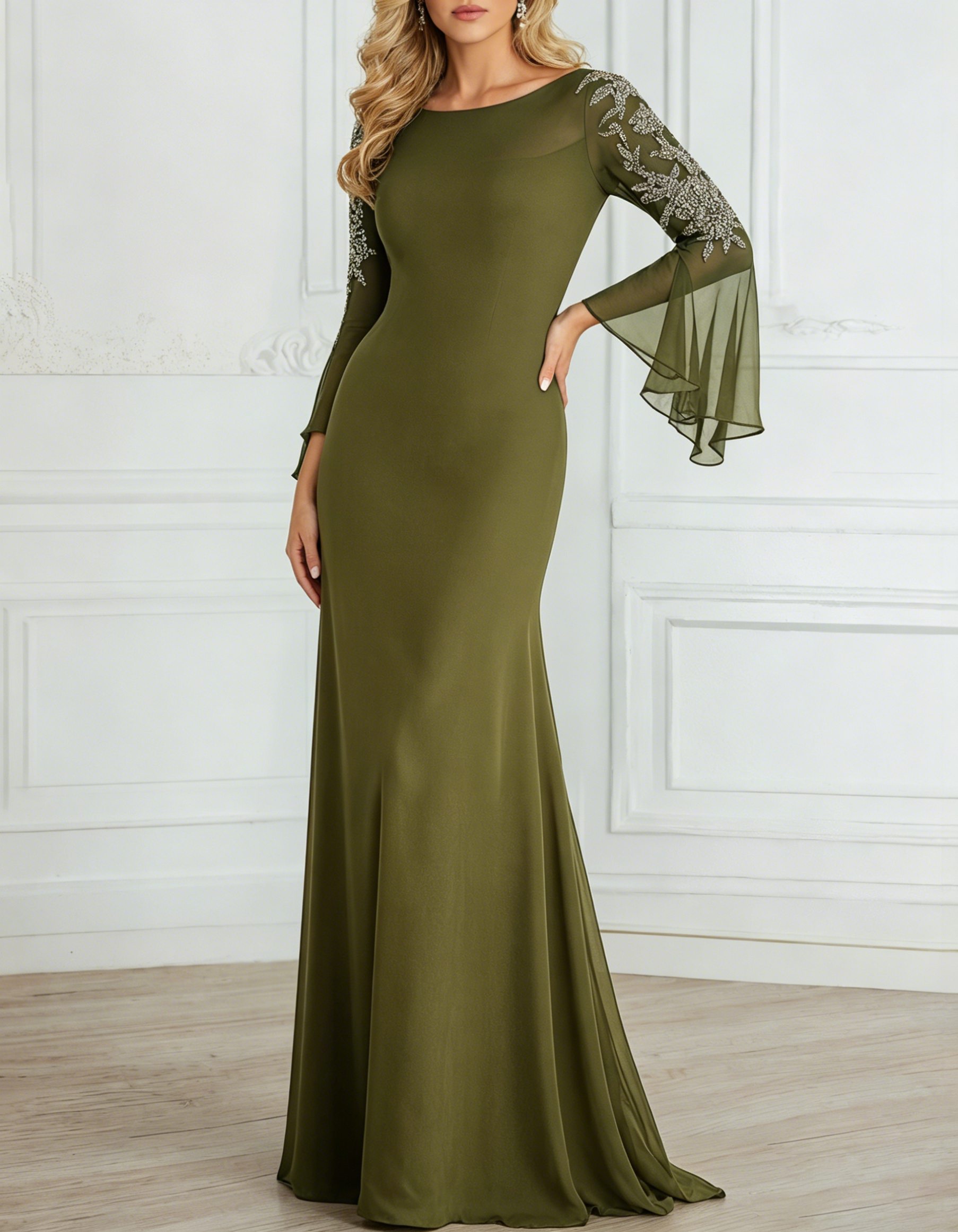 Chiffon Sequined Lace Embroidered Round Neck Fishtail Maxi Dress