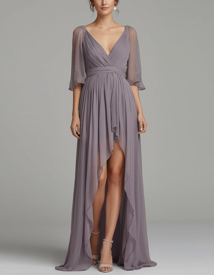 Vestido maxi de gasa púrpura grisácea con escote en V, mangas de tul y dobladillo alto y bajo  