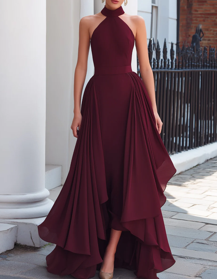 Abito lungo in chiffon bordeaux con spacco alto