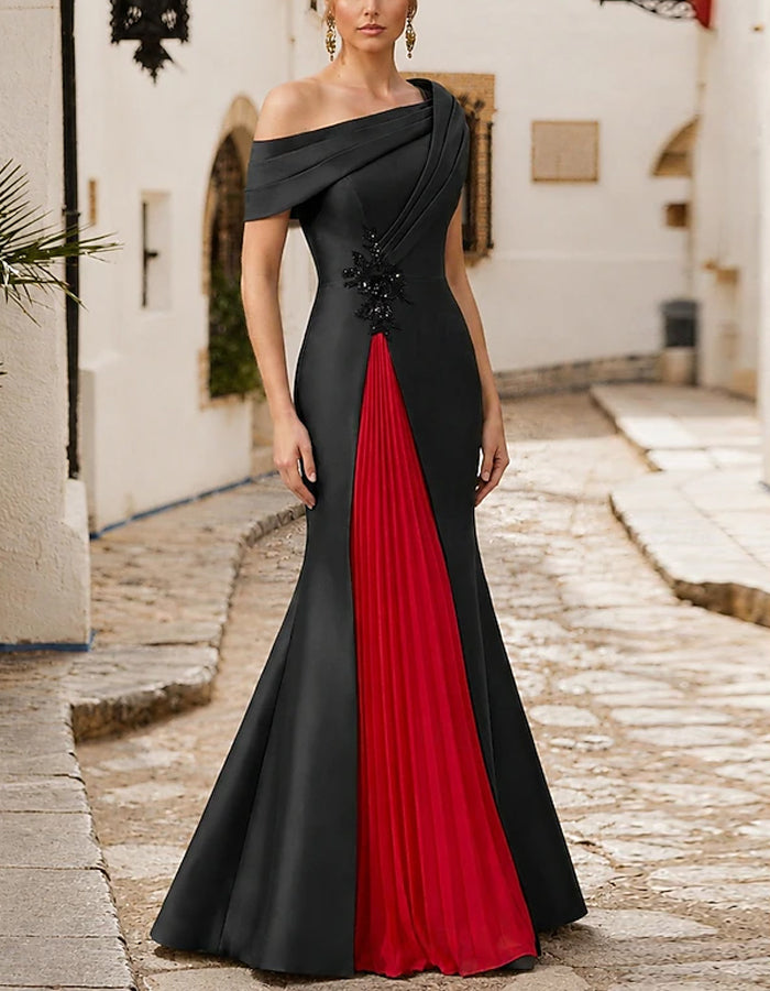 Black And Red Color Blocked One Shoulder Satin Maxi Dress
