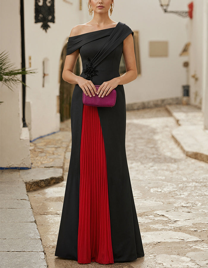 Black And Red Color Blocked One Shoulder Satin Maxi Dress