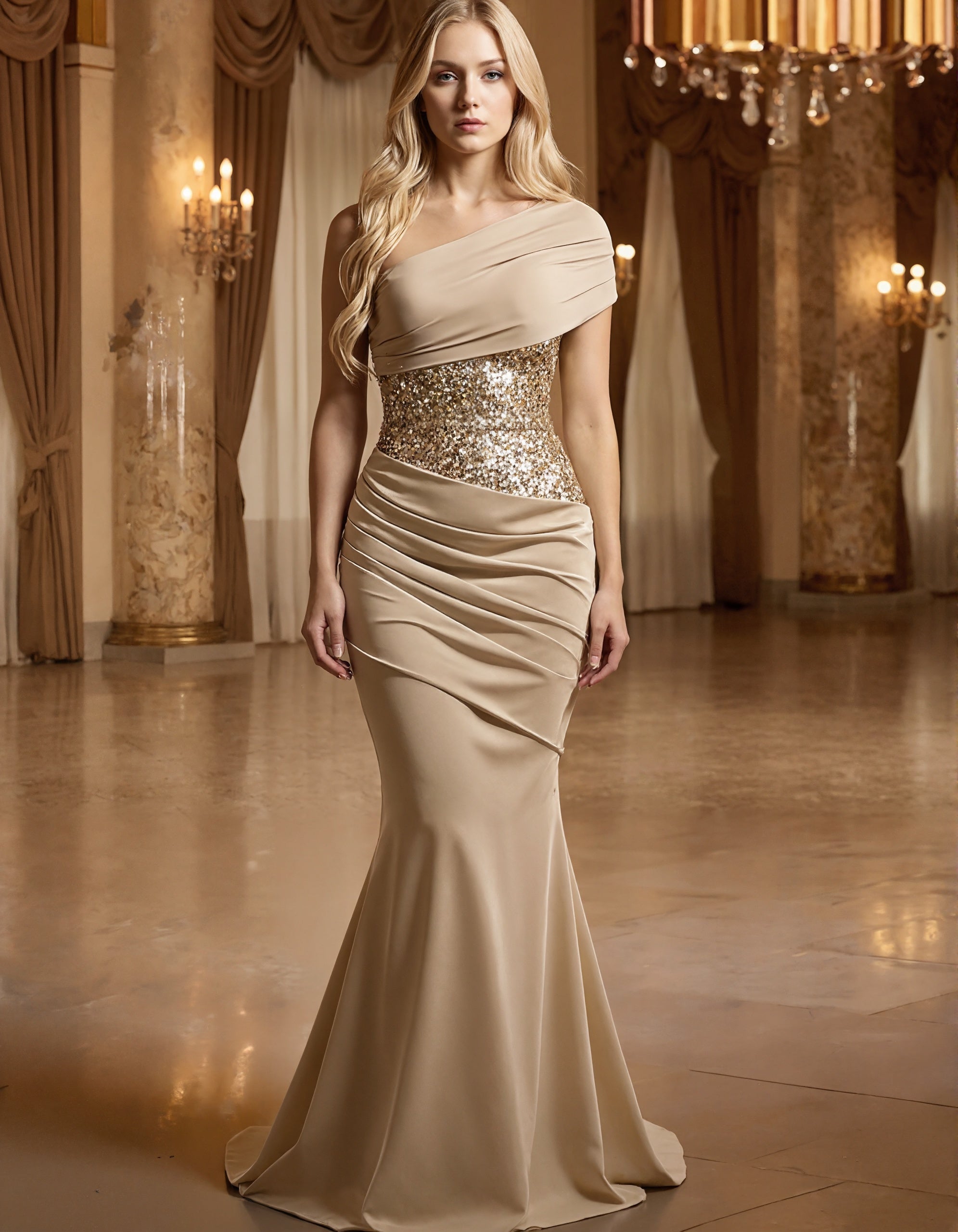 Rochie maxi asimetrică din satin cu paiete, o singură bretea, culoare uni  