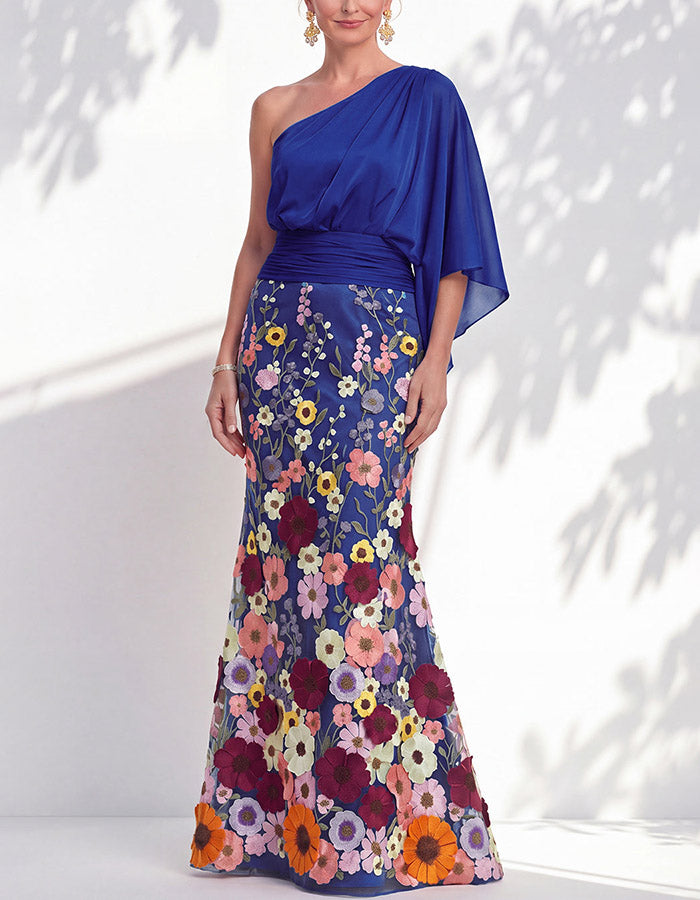 Lavender Chiffon One-Shoulder Floral Appliqué Mermaid Maxi Dress