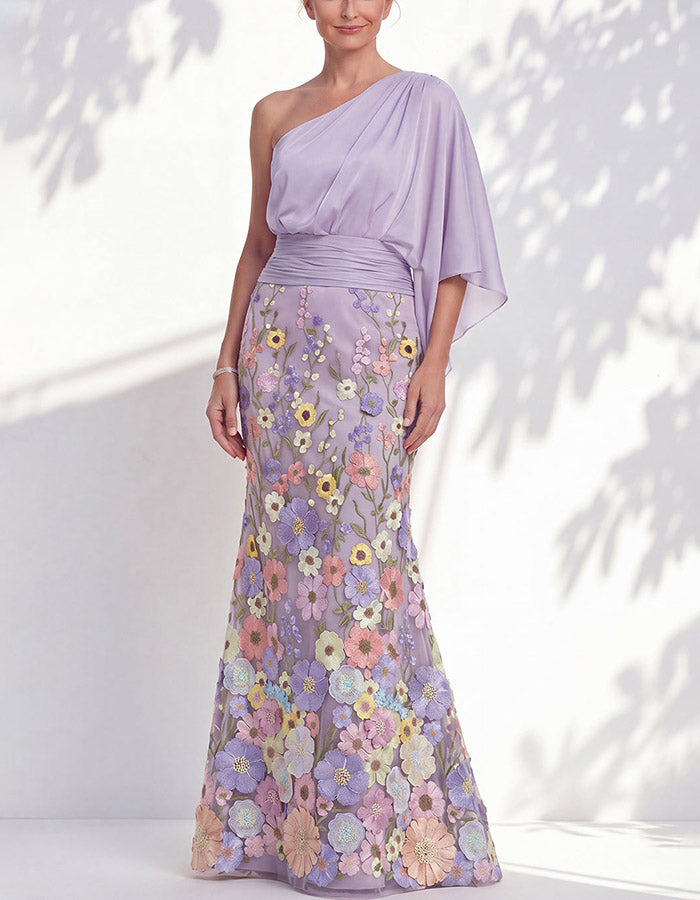 Lavender Chiffon One-Shoulder Floral Appliqué Mermaid Maxi Dress