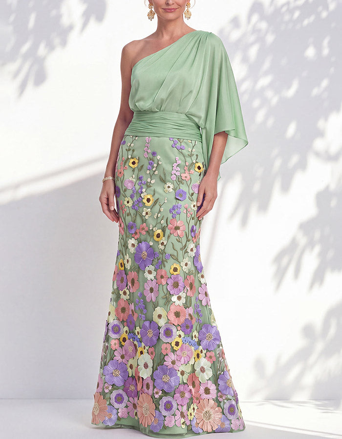 Lavender Chiffon One-Shoulder Floral Appliqué Mermaid Maxi Dress