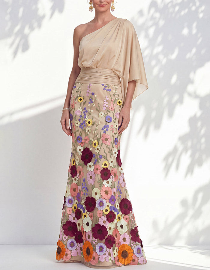 Lavender Chiffon One-Shoulder Floral Appliqué Mermaid Maxi Dress