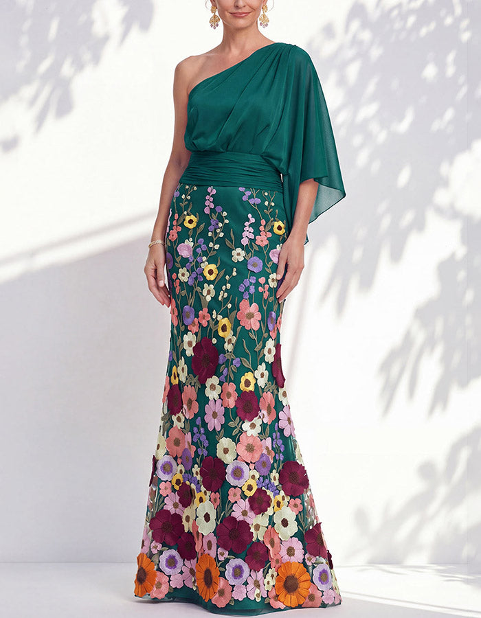 Lavender Chiffon One-Shoulder Floral Appliqué Mermaid Maxi Dress