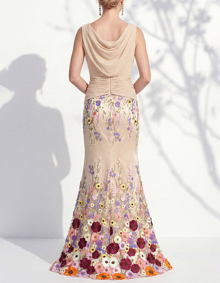 Zeegroene chiffon maxi-jurk met bloemenapplicaties in zeemeerminstijl