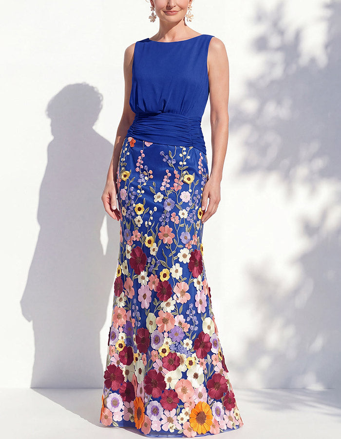 Sage Green Chiffon Floral Appliqué Mermaid Maxi Dress